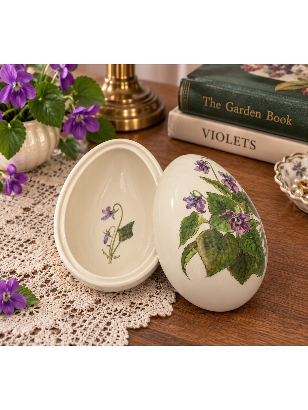 Vintage Hand Painted Purple Violet Ceramic Egg Trinket Box Jewelry Box 6.5"